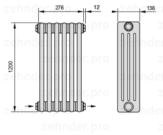 Схема (чертеж) Радиатор Zehnder Charleston 4120/6 №2670 Белый глянцевый RAL 9016